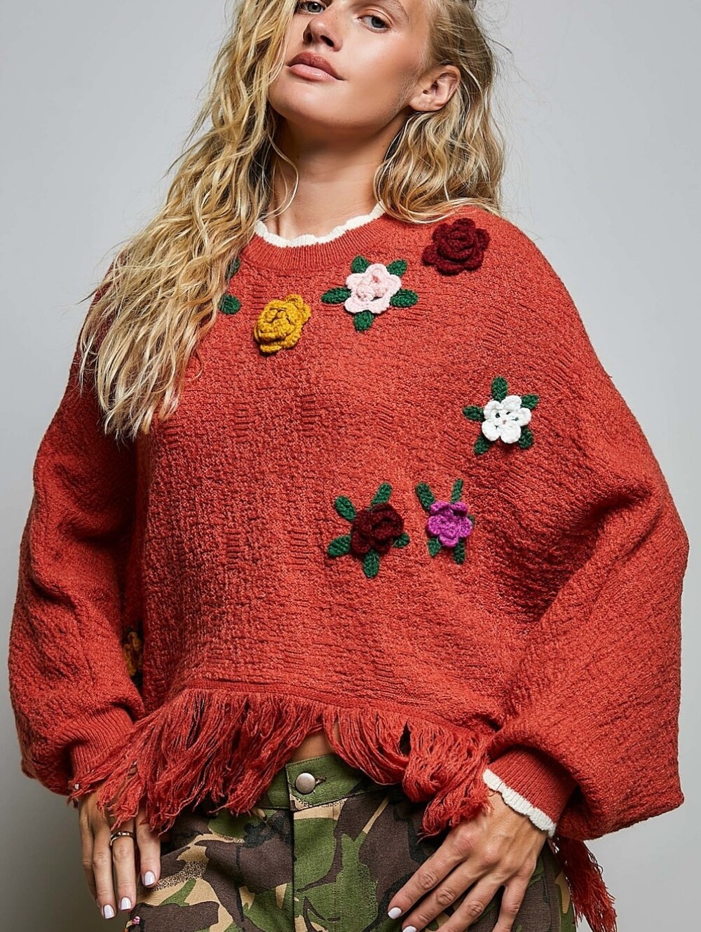 #1916 POL Wildflower Whimsy Crochet Bloom Sweater – Brick